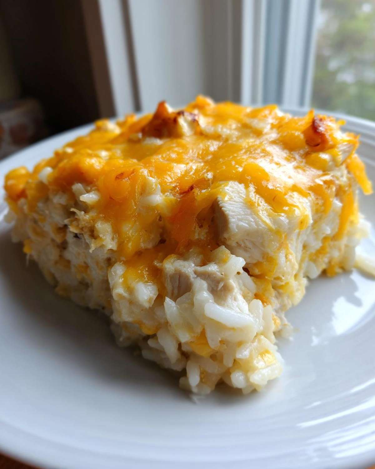 A square serving of cheesy chicken and rice casserole topped with melted cheddar cheese on a white plate.