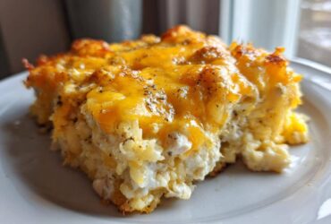 A close-up shot of a serving of cheesy chicken and rice casserole topped with melted cheddar cheese.
