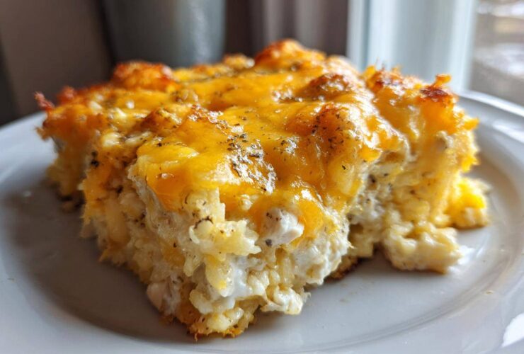 A close-up shot of a serving of cheesy chicken and rice casserole topped with melted cheddar cheese.