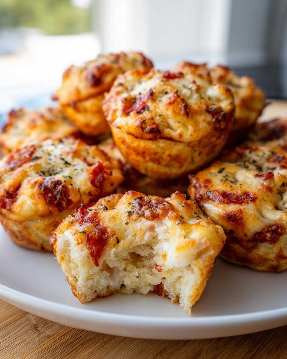 A plate piled high with golden brown Pizza Muffins, one of which has a bite taken out showing the soft interior.