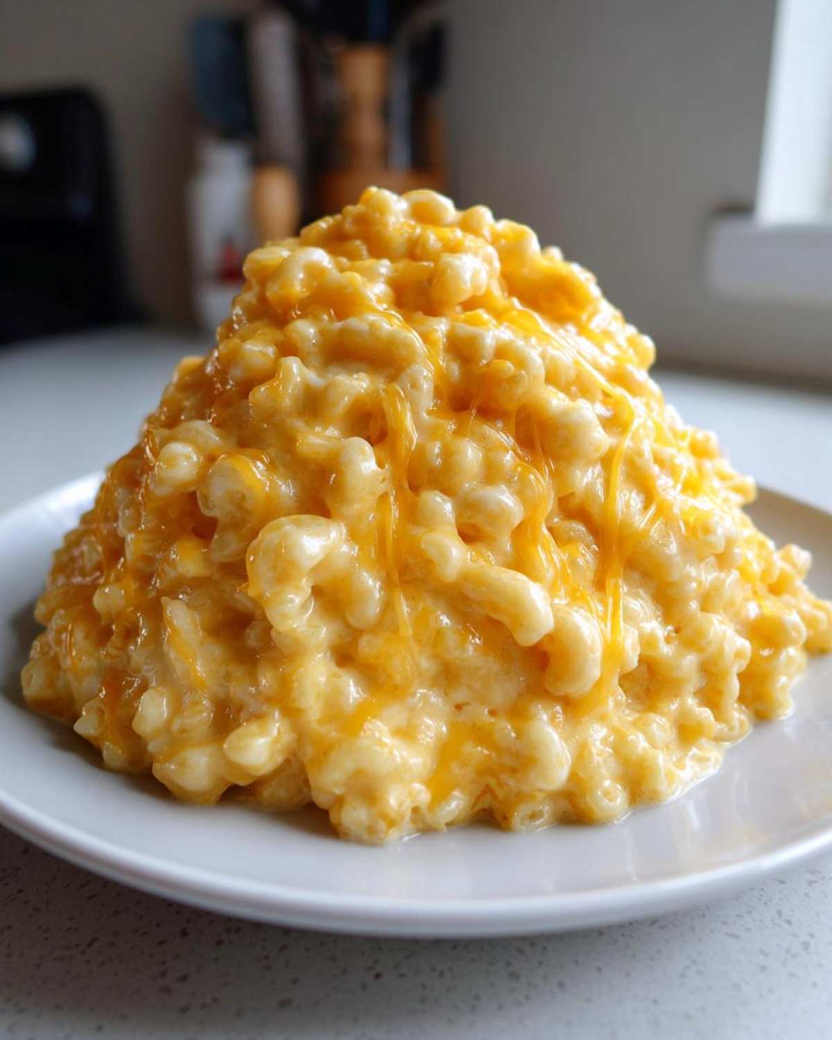 A large mound of creamy, cheesy rice topped with melted cheddar cheese, served on a white plate.