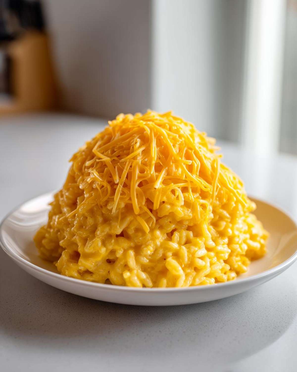 A tall mound of creamy, bright yellow cheesy rice topped generously with shredded cheddar cheese.