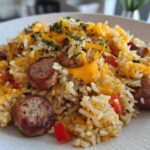 Close-up of a serving of cheesy sausage and rice topped with melted cheddar and fresh parsley.