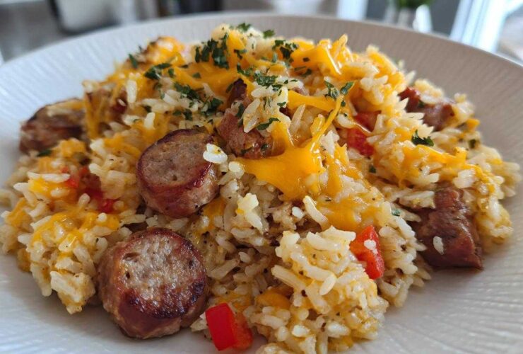 Close-up of a serving of cheesy sausage and rice topped with melted cheddar and fresh parsley.