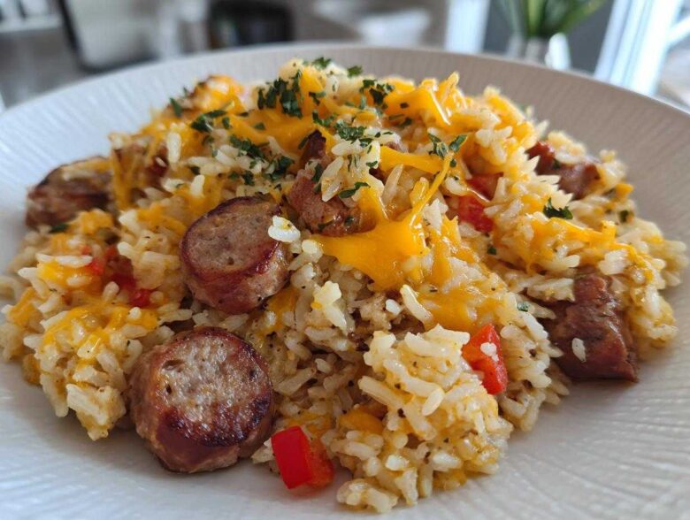 Close-up of a serving of cheesy sausage and rice topped with melted cheddar and fresh parsley.