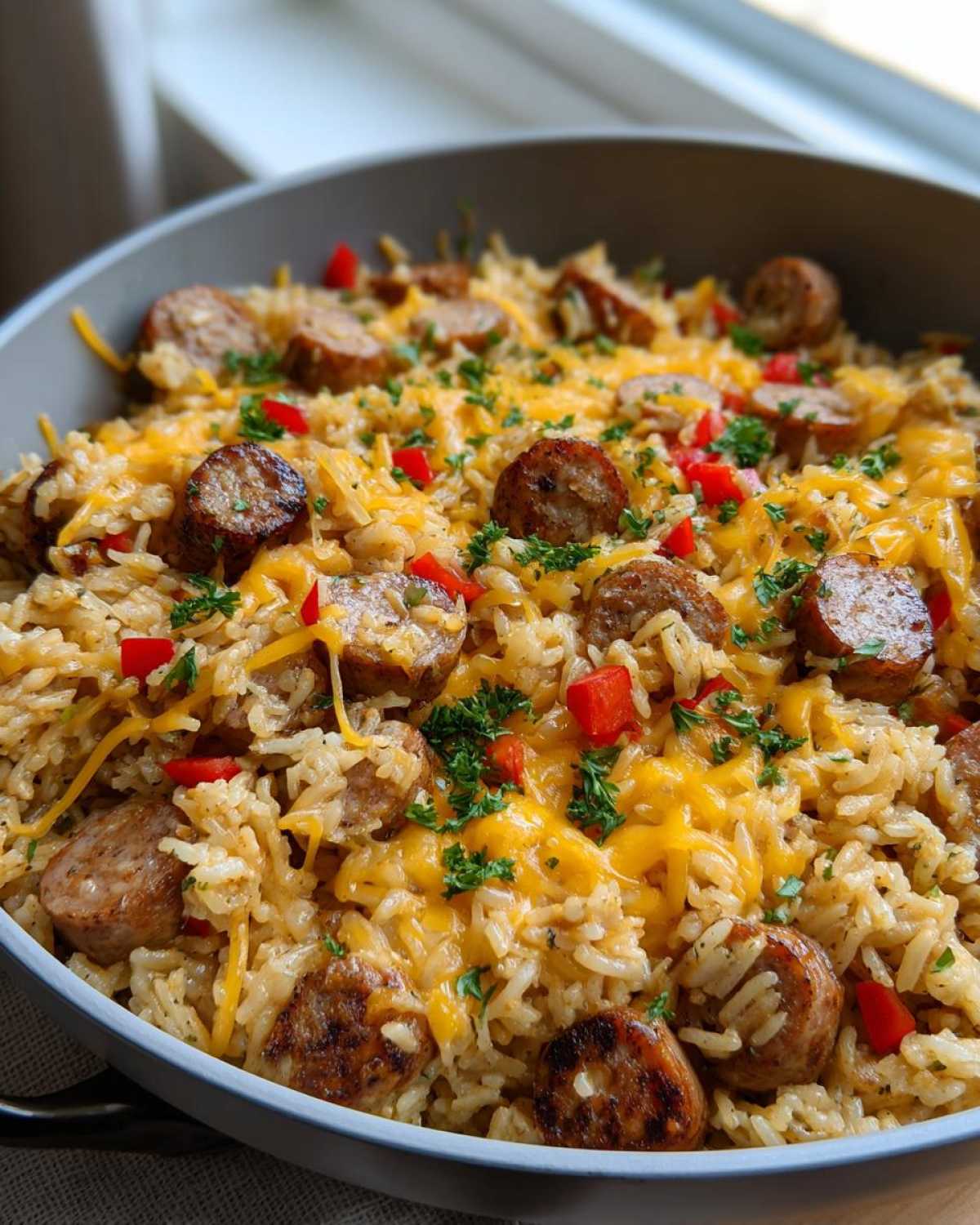 Close-up of cheesy sausage and rice cooked in a single skillet, topped with melted cheddar and parsley.
