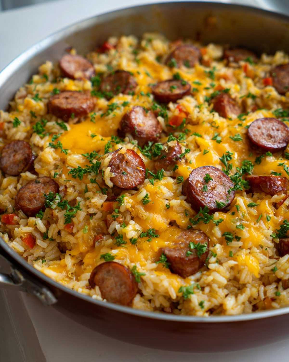 Close-up of a one-pot cheesy sausage and rice dish topped with melted cheddar and fresh parsley.