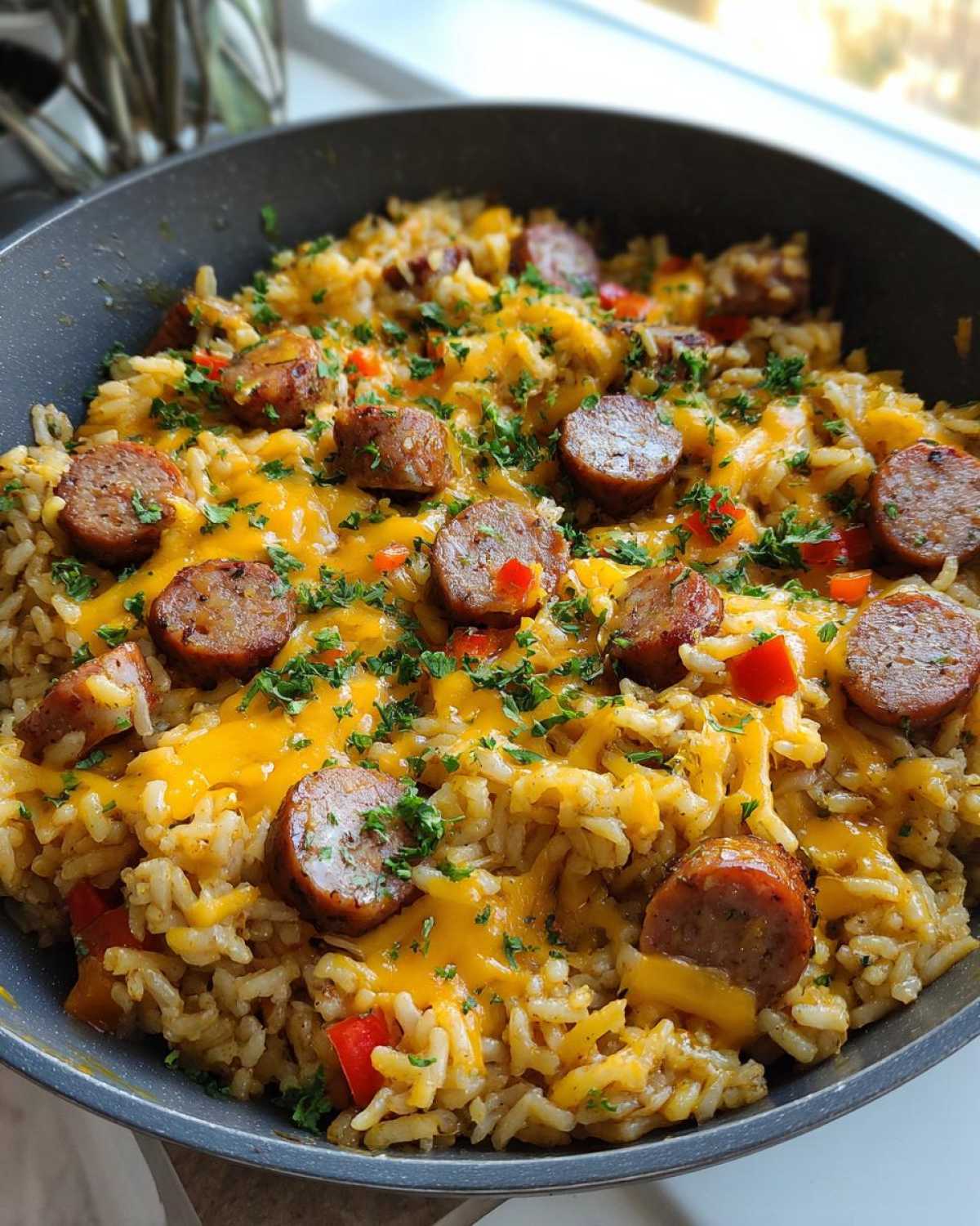 Close-up of cheesy sausage and rice cooked in a single skillet, topped with melted cheddar and parsley.