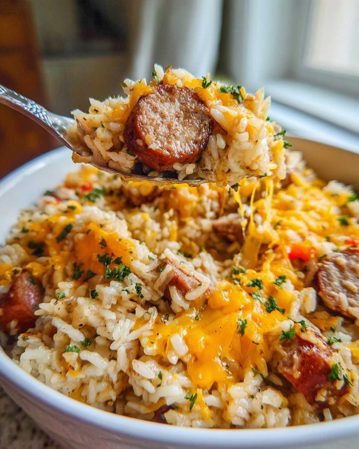 A spoonful of cheesy sausage and rice being lifted from a bowl, showing melted cheese strings.