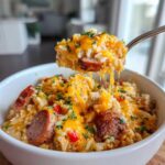 A spoonful of cheesy sausage and rice is lifted from a white bowl, showing melted cheese strings.