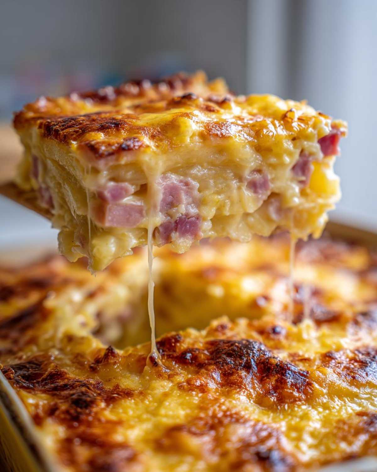 A cheesy slice of scalloped potatoes and ham being lifted out, showing melted cheese strings.