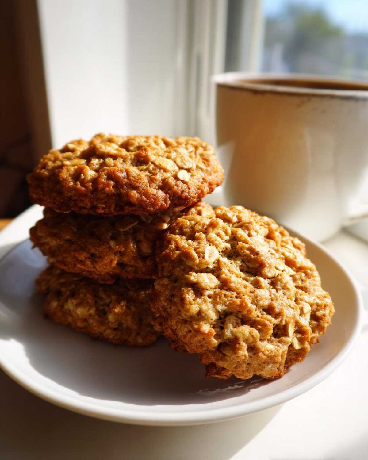 A stack of three golden brown oatmeal cookie treats resting on a white plate next to a mug of coffee.