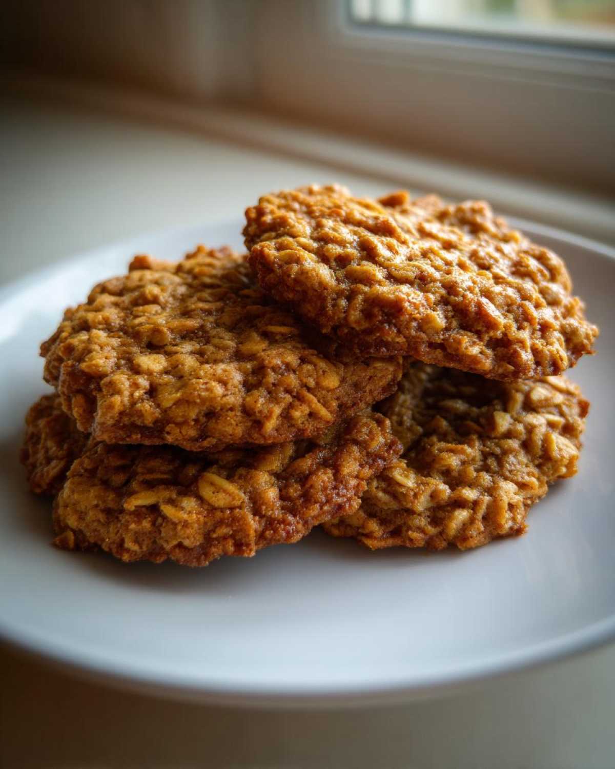A stack of four golden brown, chewy oatmeal cookie treats resting on a white plate near a window.