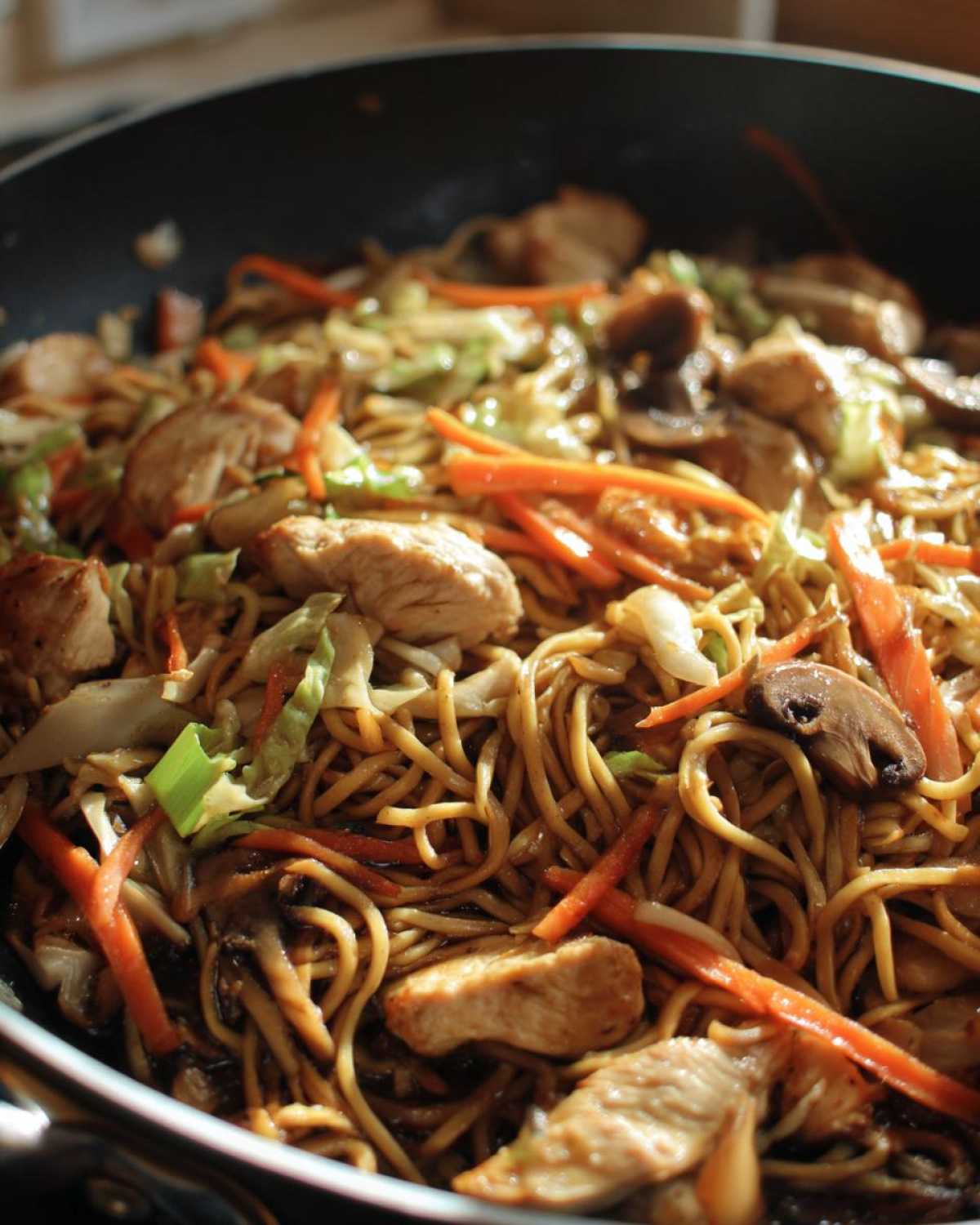 Close-up of homemade chicken chow mein recipe being stir-fried with noodles, carrots, cabbage, and mushrooms in a dark wok.
