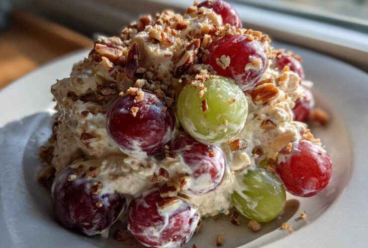 A mound of creamy chicken salad chick grape salad topped with red and green grapes and chopped pecans.