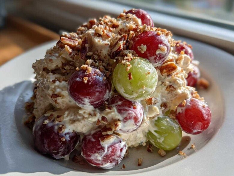 A mound of creamy chicken salad chick grape salad topped with red and green grapes and chopped pecans.