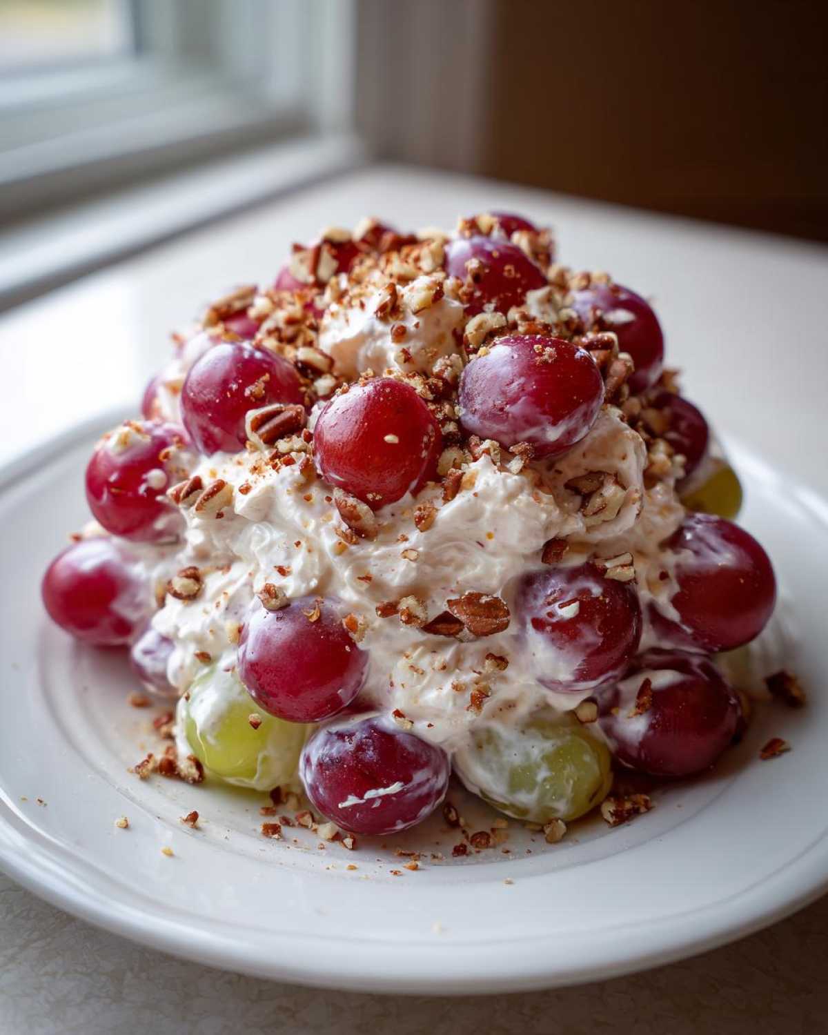 A mound of creamy grape salad mixed with red and green grapes, topped generously with chopped pecans.