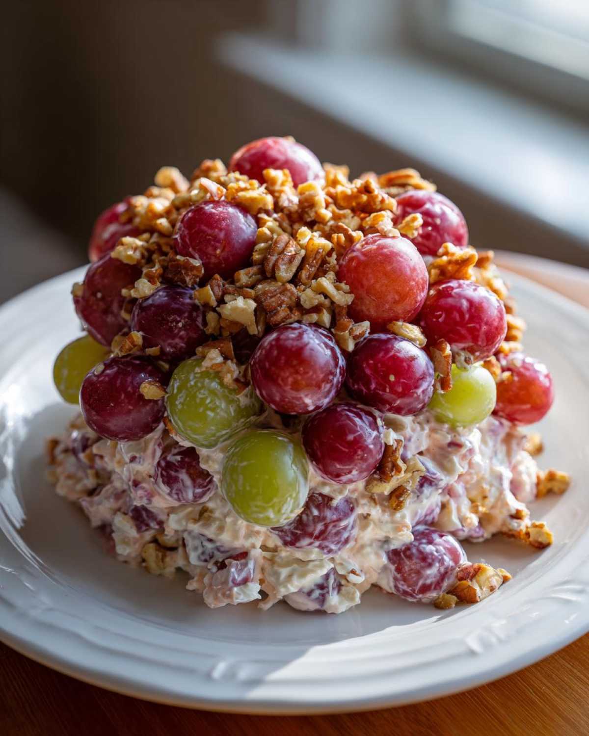 A mound of creamy grape salad topped with red and green grapes and chopped pecans, reminiscent of Chicken Salad Chick grape salad.