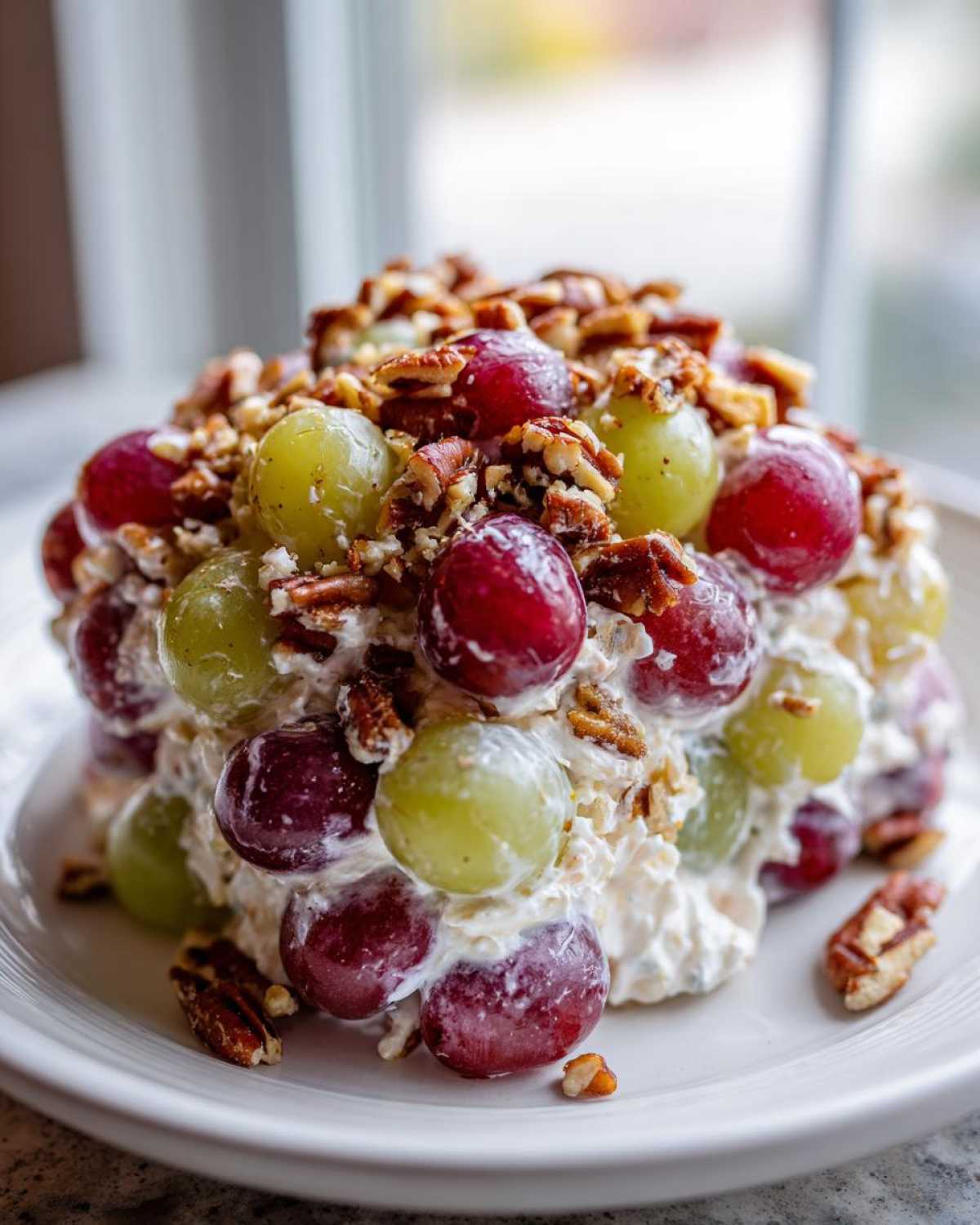 A mound of creamy chicken salad chick grape salad mixed with red and green grapes, topped generously with chopped pecans.