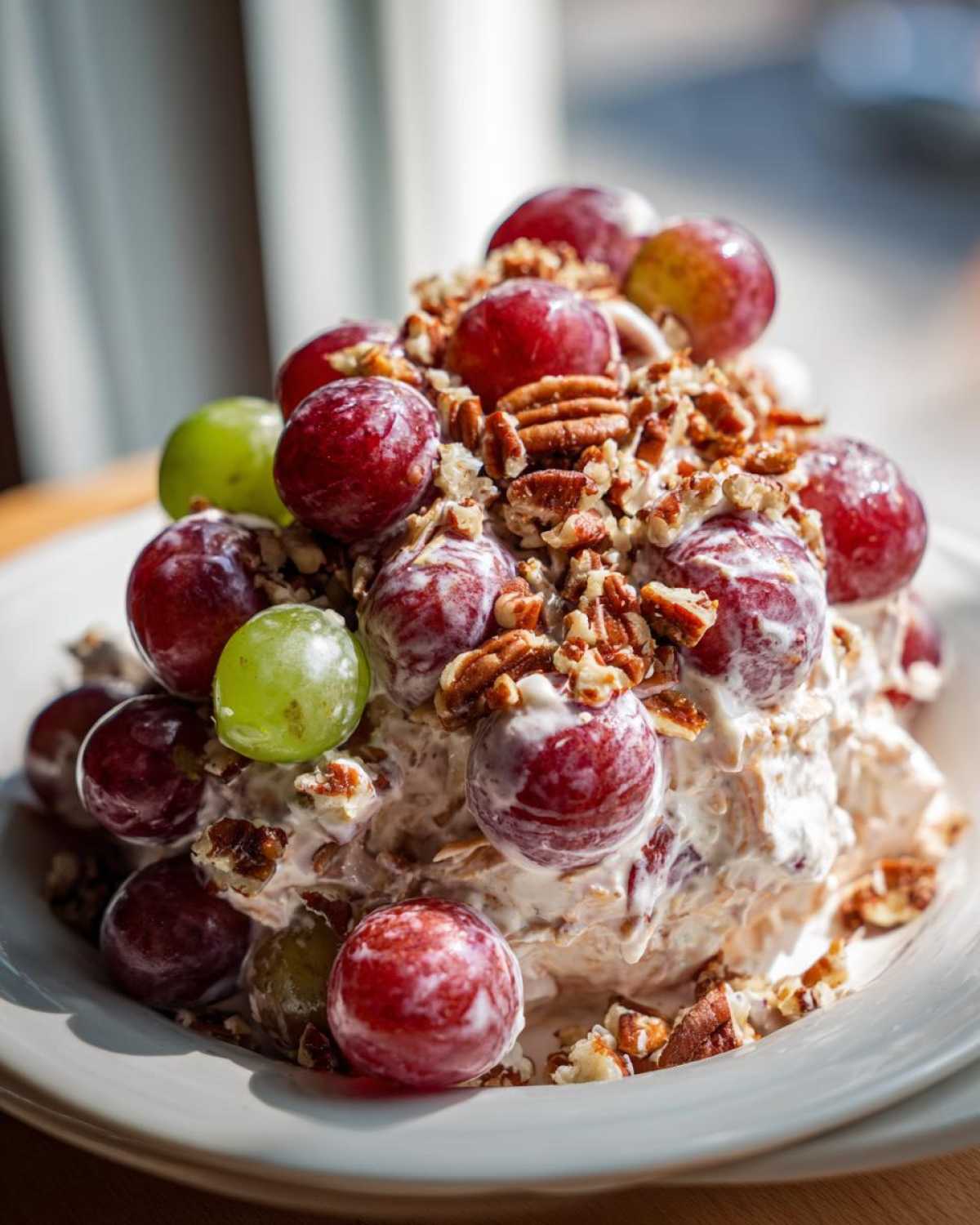 Close-up of creamy chicken salad chick grape salad topped generously with red and green grapes and chopped pecans.