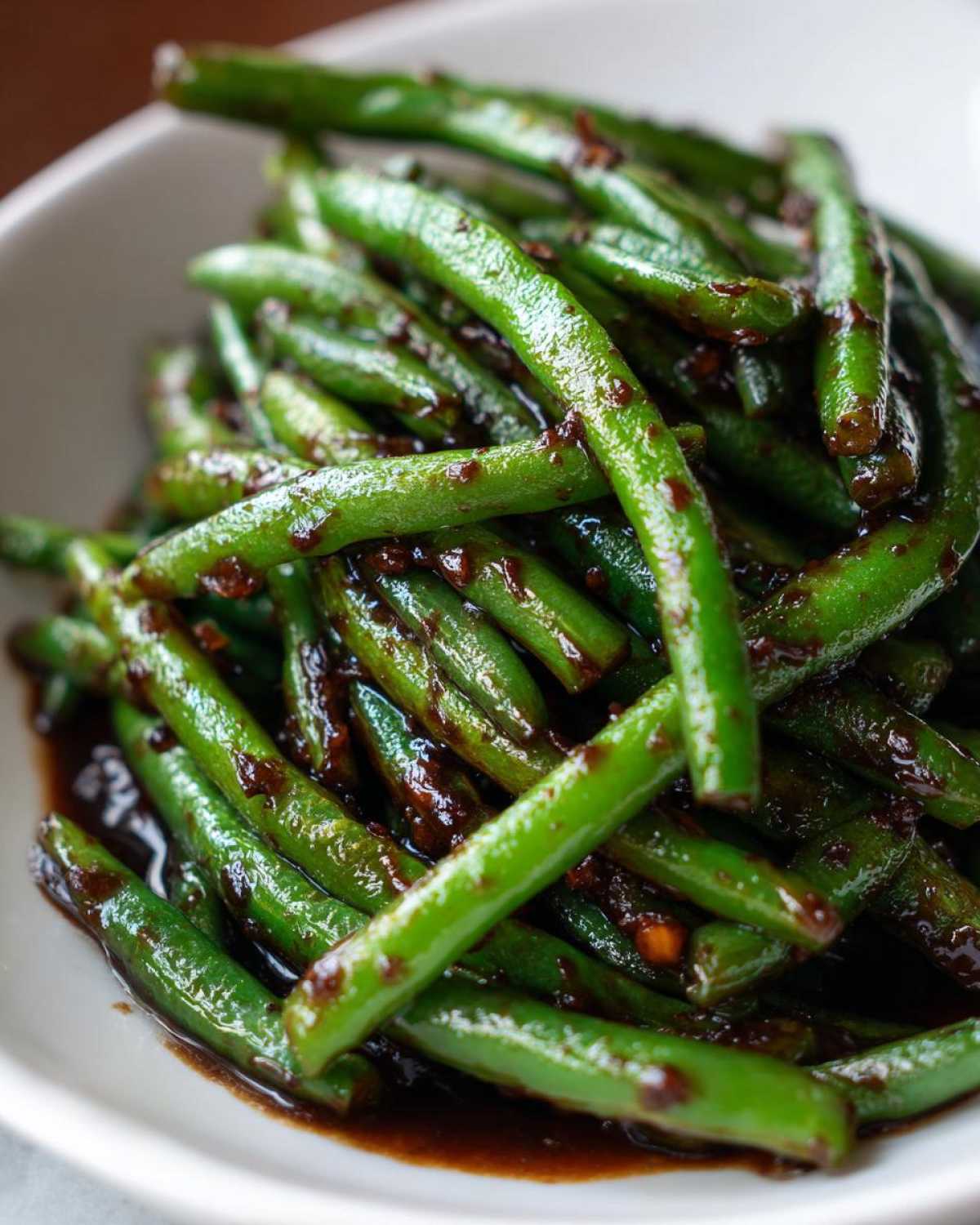 Close-up of bright green beans coated in a rich, dark chinese green beans with garlic sauce, served in a white bowl.