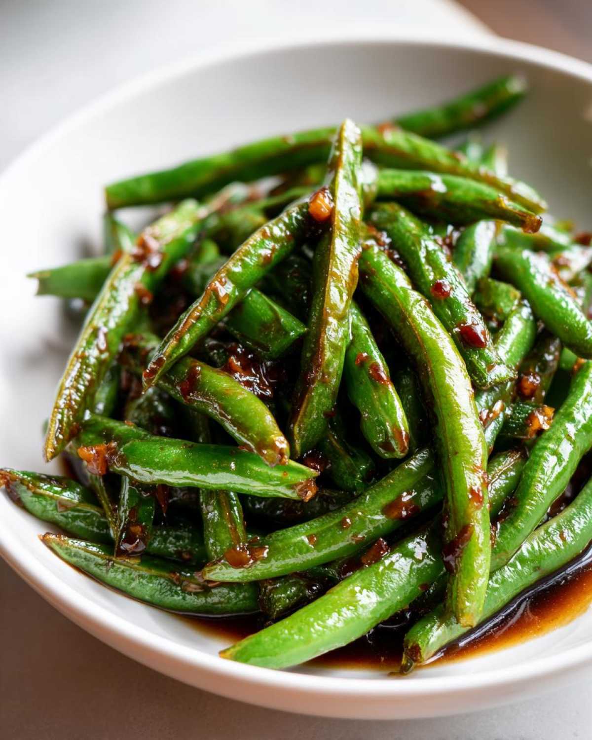 Close-up of vibrant, blistered chinese green beans with garlic sauce coating them in a white bowl.