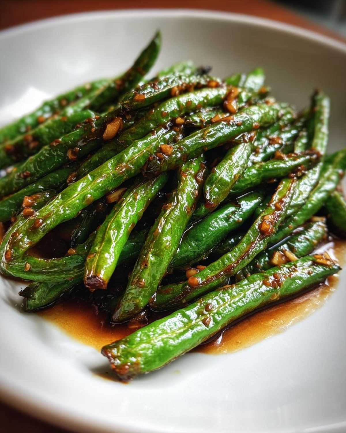 Close-up of vibrant, blistered chinese green beans with garlic sauce pooling slightly on a white plate.