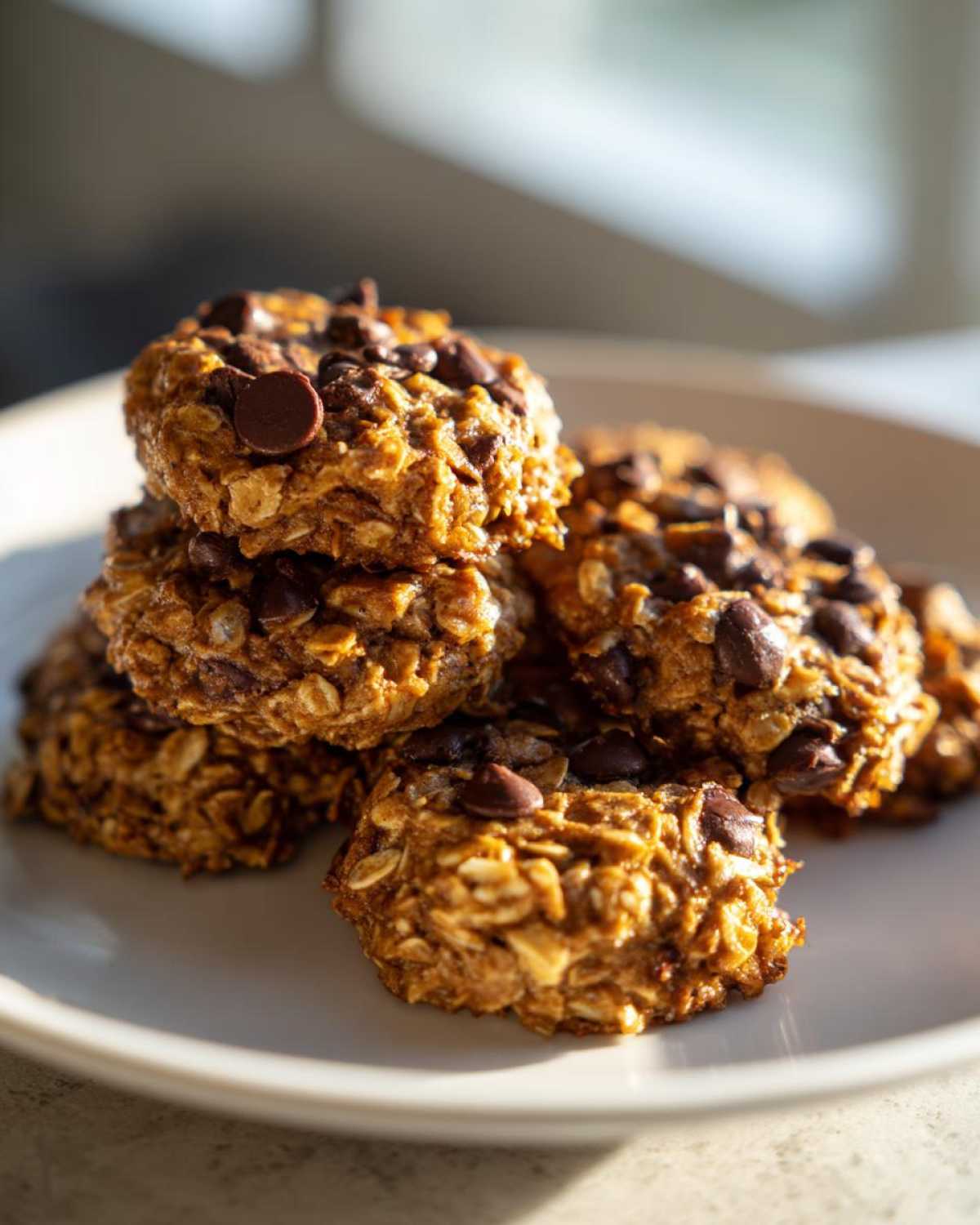 Close-up of a stack of golden brown breakfast cookie loaded with chocolate chips on a white plate.