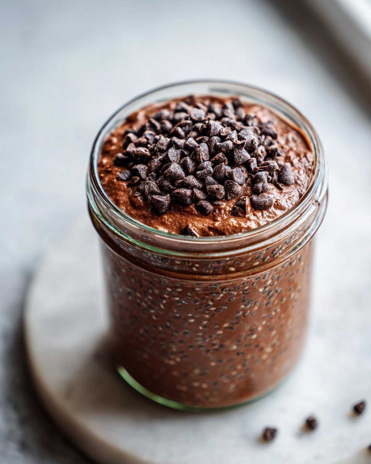 A close-up of rich chocolate overnight oats in a glass jar, topped generously with chocolate chips.