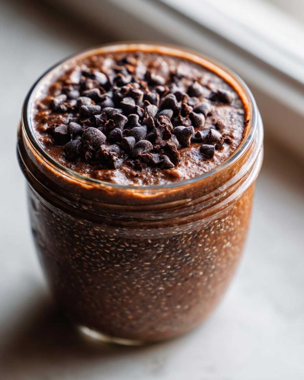 Close-up of chocolate overnight oats in a jar, topped generously with mini chocolate chips.