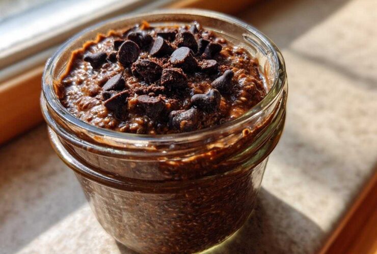 A close-up of rich chocolate overnight oats topped with dark chocolate chips in a glass jar.