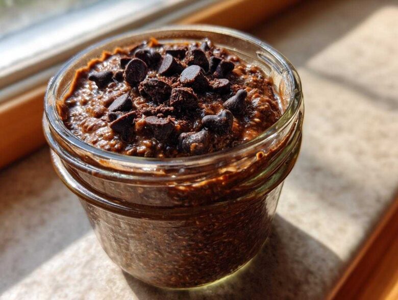 A close-up of rich chocolate overnight oats topped with dark chocolate chips in a glass jar.