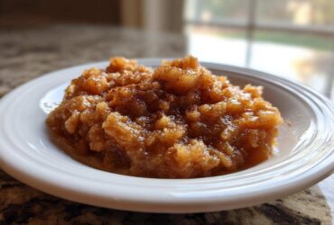 Close-up of chunky, homemade applesauce sprinkled with cinnamon served in a white bowl.