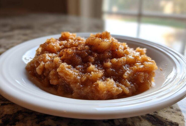 Close-up of chunky, homemade applesauce sprinkled with cinnamon served in a white bowl.