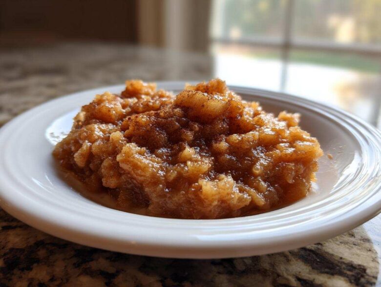 Close-up of chunky, homemade applesauce sprinkled with cinnamon served in a white bowl.