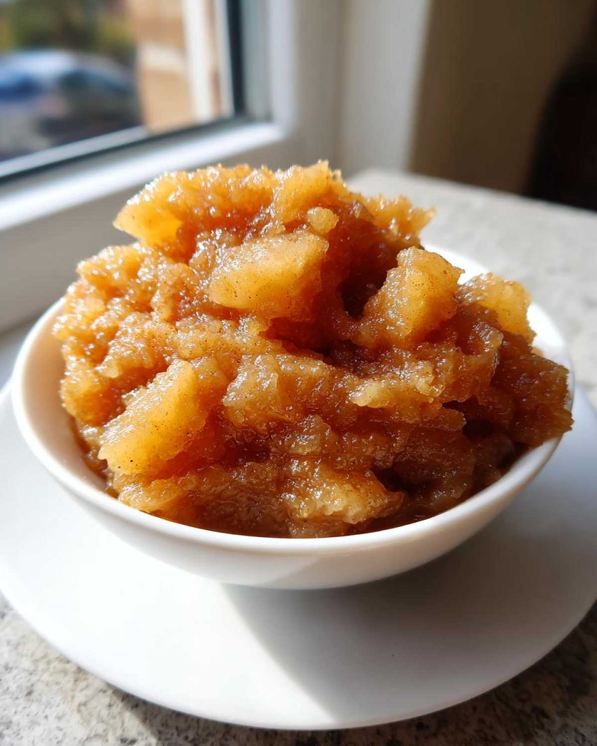 Close-up of chunky, spiced homemade applesauce served in a small white bowl near a sunny window.