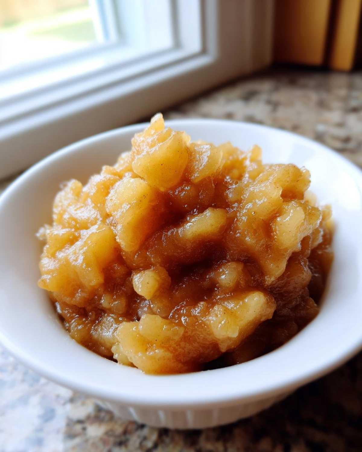 Close-up of chunky, homemade applesauce served in a small white bowl near a window.