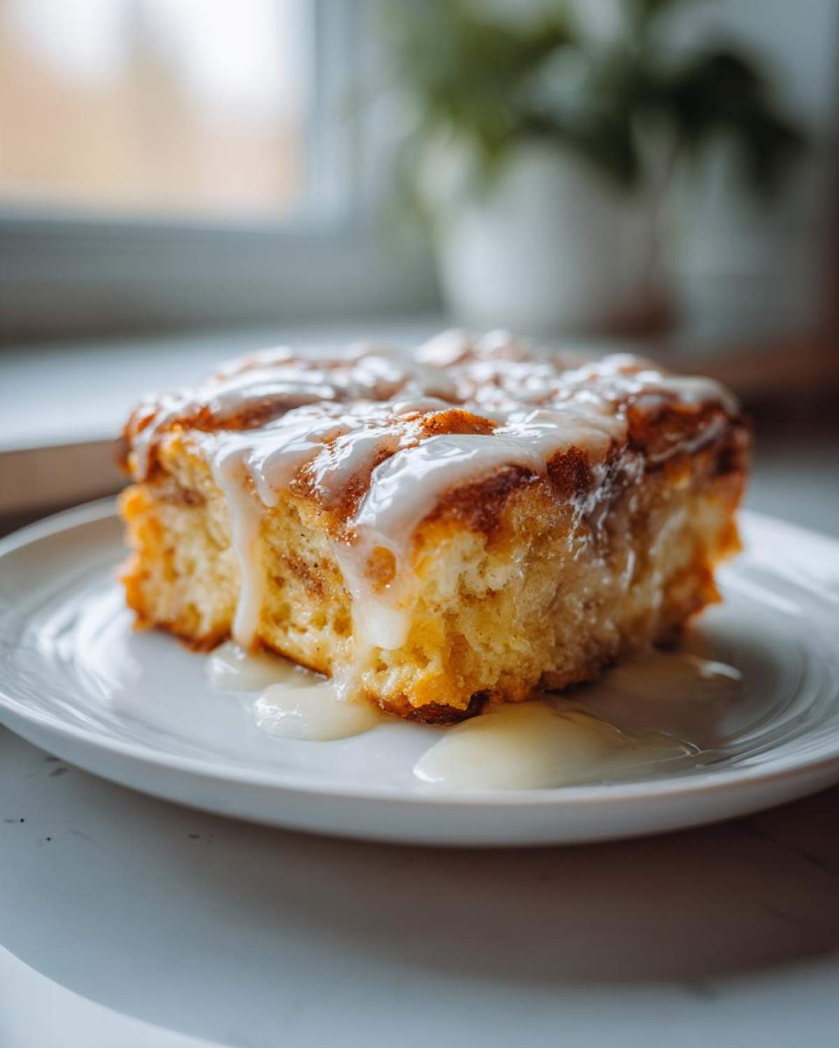 A square serving of warm Cinnamon roll casserole topped with thick vanilla icing dripping onto a white plate.