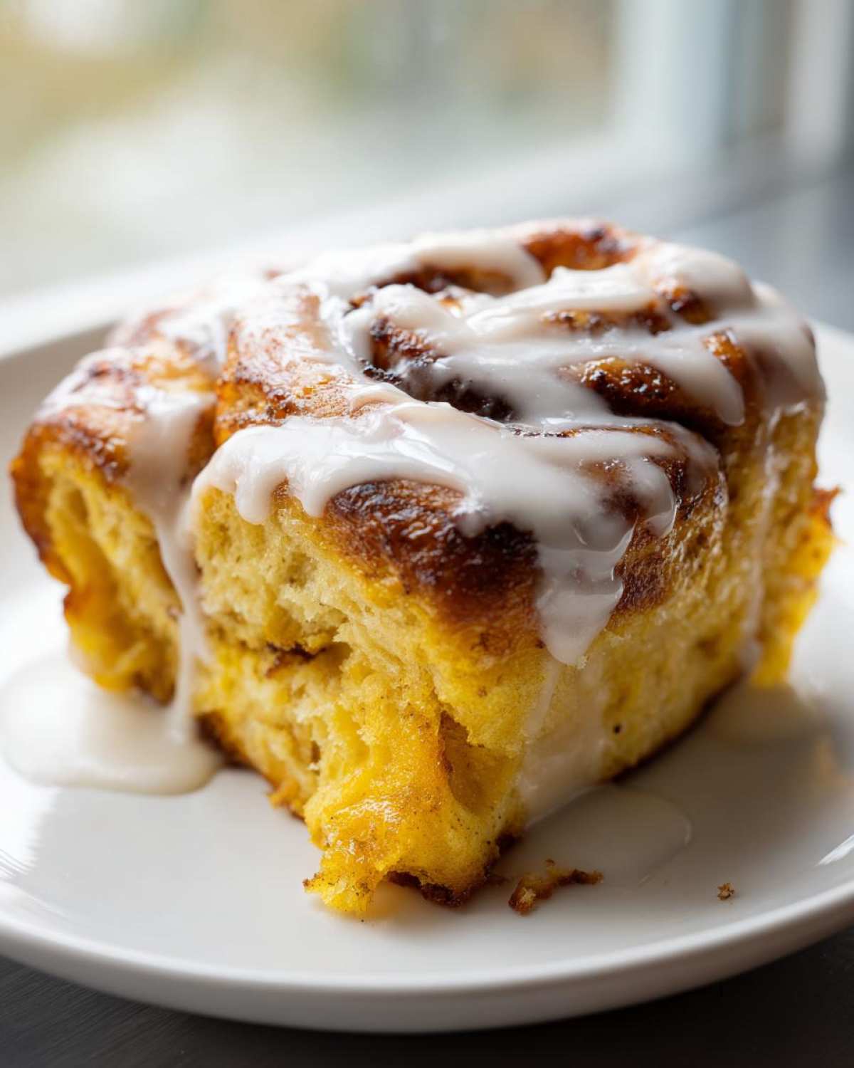Close-up of a single, gooey serving of cinnamon roll casserole topped with thick white icing.