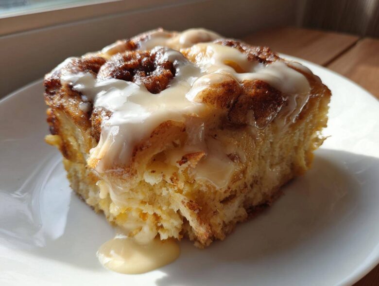 A close-up of a square serving of moist Cinnamon roll casserole topped with thick, white icing dripping down the side.