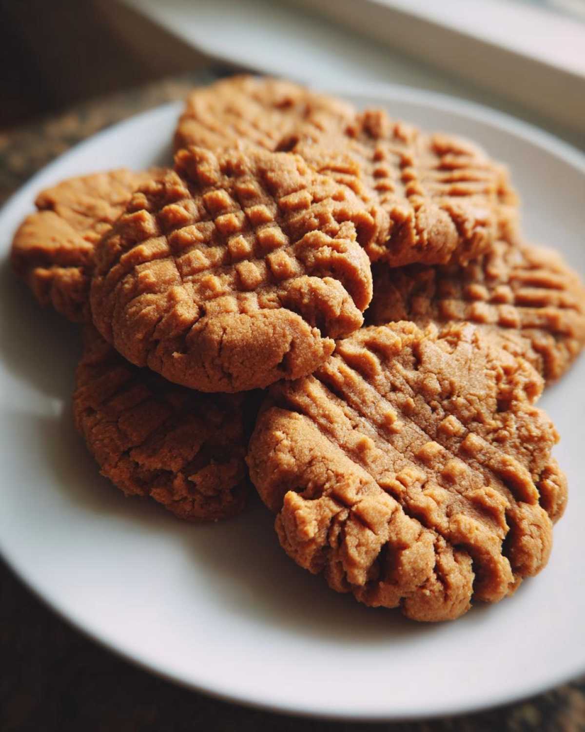 A stack of freshly baked peanut butter cookies featuring the classic criss-cross fork marks on a white plate.