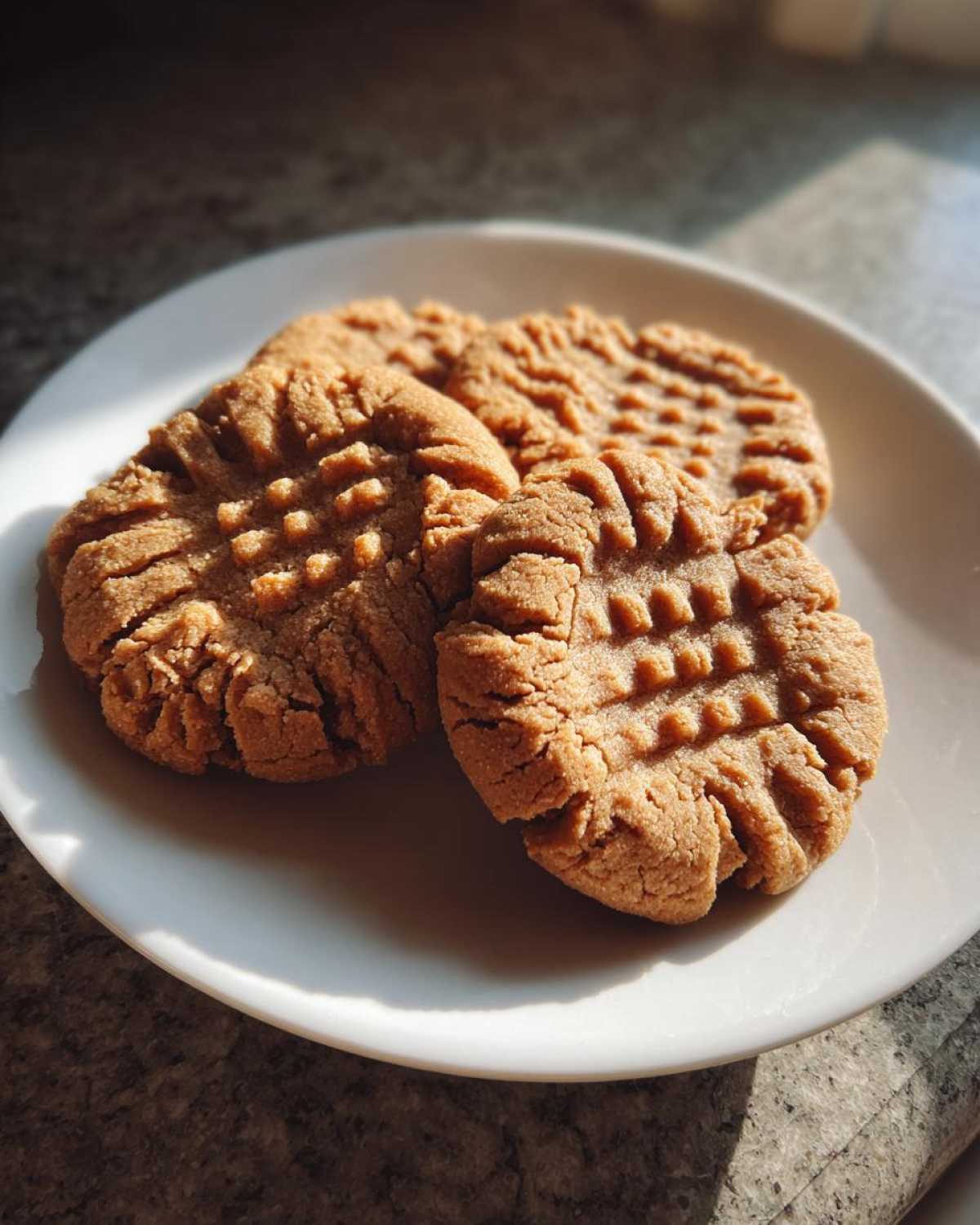 Three freshly baked peanut butter cookies with classic crisscross fork marks resting on a white plate.