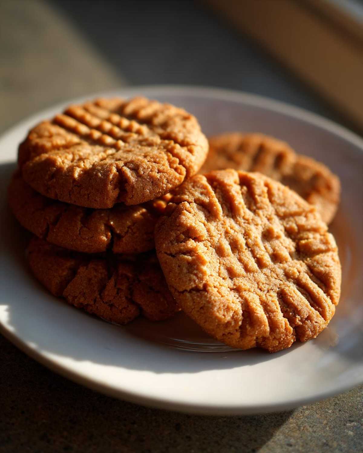 A stack of freshly baked peanut butter cookies featuring the classic criss-cross fork marks, illuminated by warm sunlight.