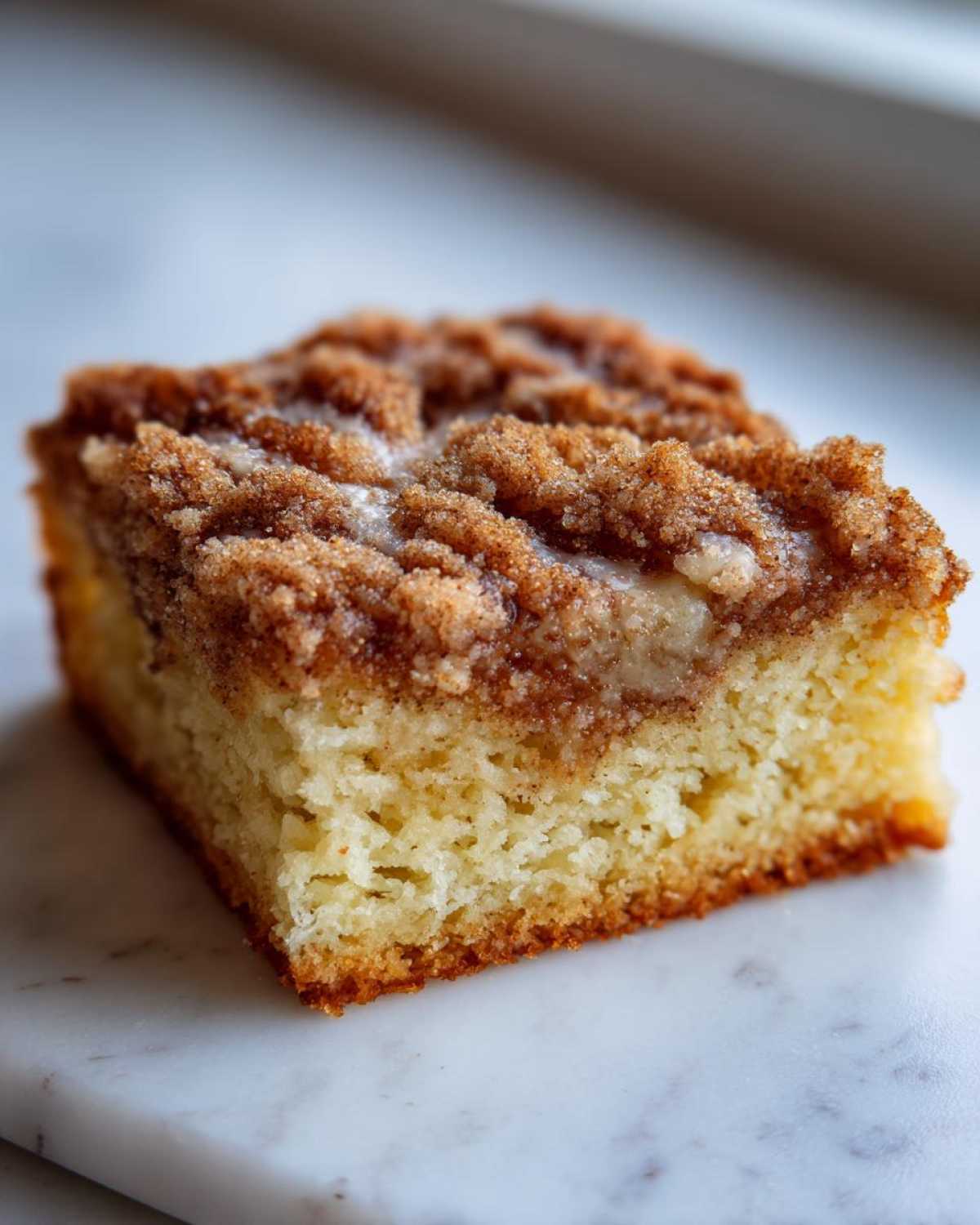 A close-up shot of a moist slice of coffee cake featuring a thick, crumbly cinnamon streusel topping on a white marble surface.