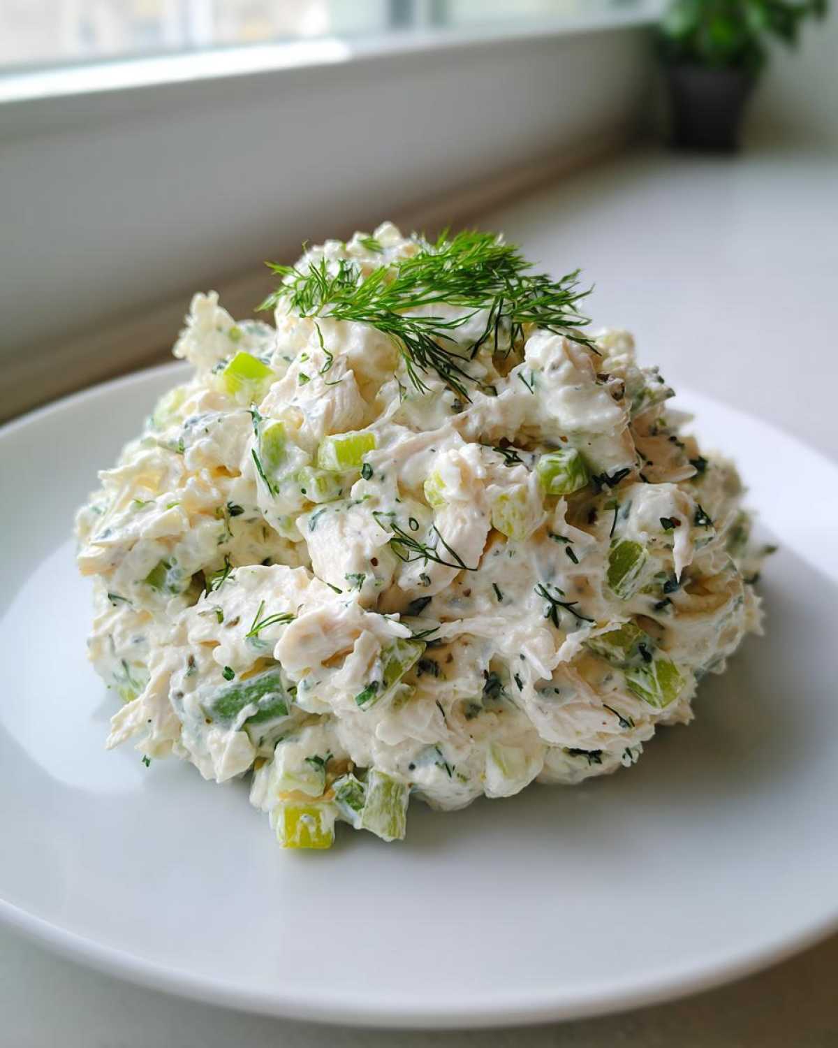 A mound of creamy cottage cheese chicken salad mixed with celery and topped with fresh dill, served on a white plate.