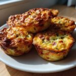 A stack of five golden brown cottage cheese egg cups starbucks style on a white plate near a window.