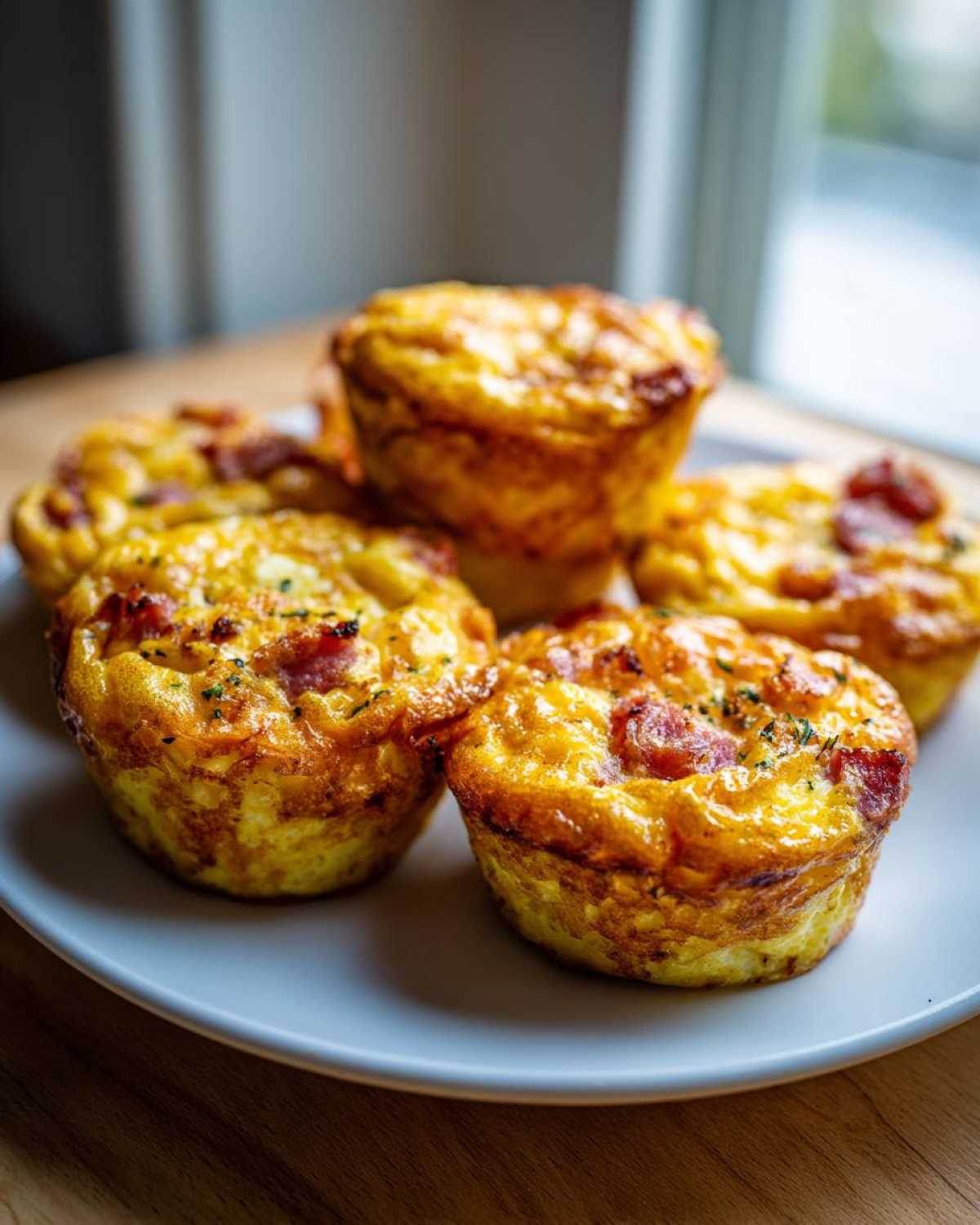 A plate of five golden brown cottage cheese egg cups, similar to Starbucks style egg bites, garnished with herbs.
