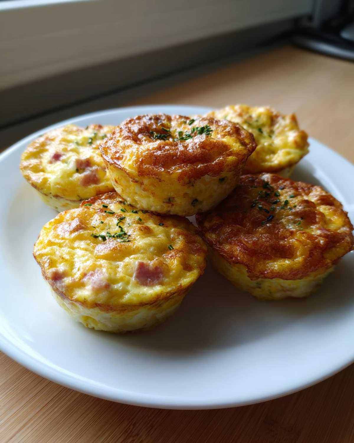 Five golden brown cottage cheese egg cups with visible ham pieces, garnished with chives, served on a white plate.