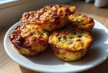 A stack of five golden brown cottage cheese egg cups starbucks style on a white plate near a window.