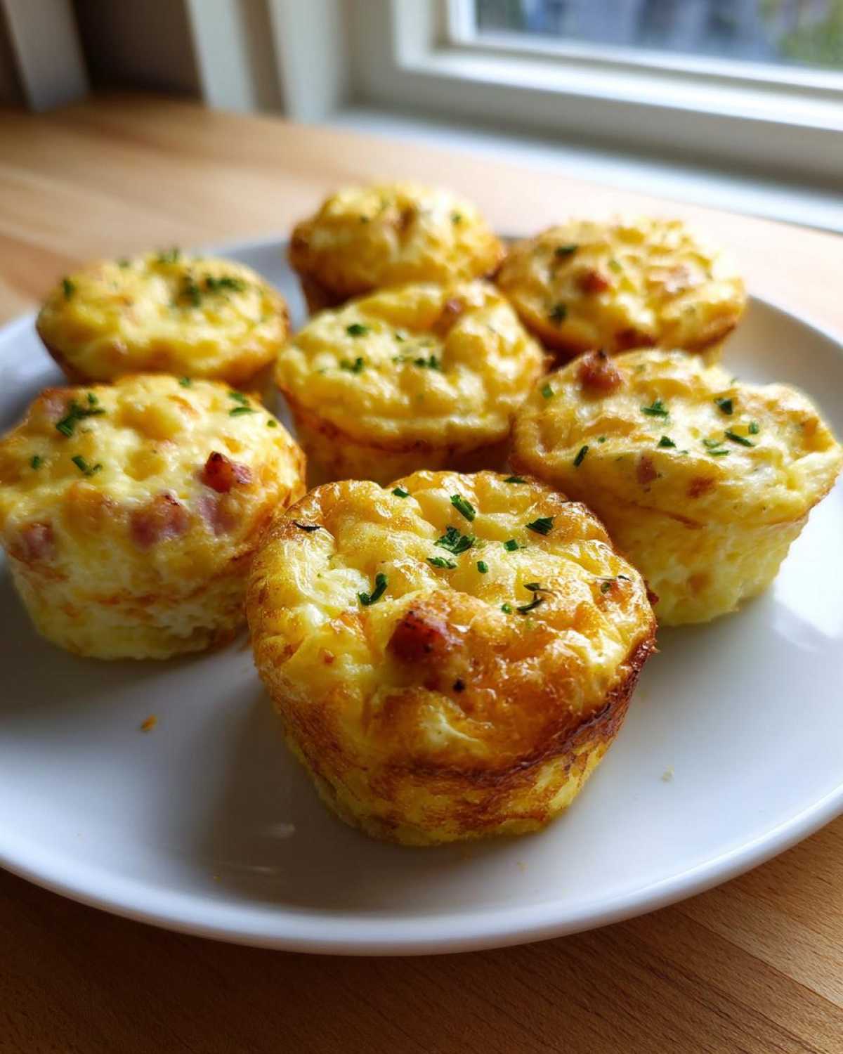 Close-up of several golden brown cottage cheese egg cups garnished with chives on a white plate.